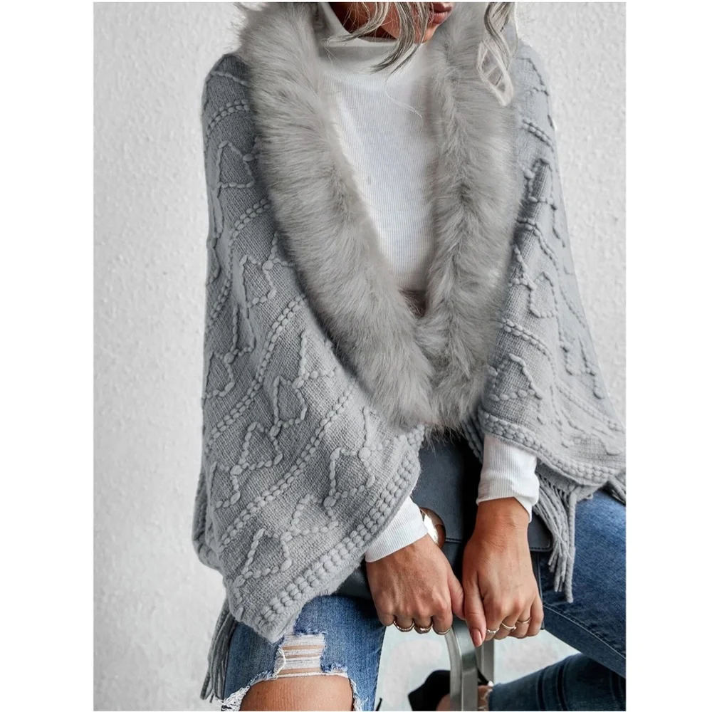Faux Fur Grey Textured Knit Open Cardigan - Picture 2 of 7